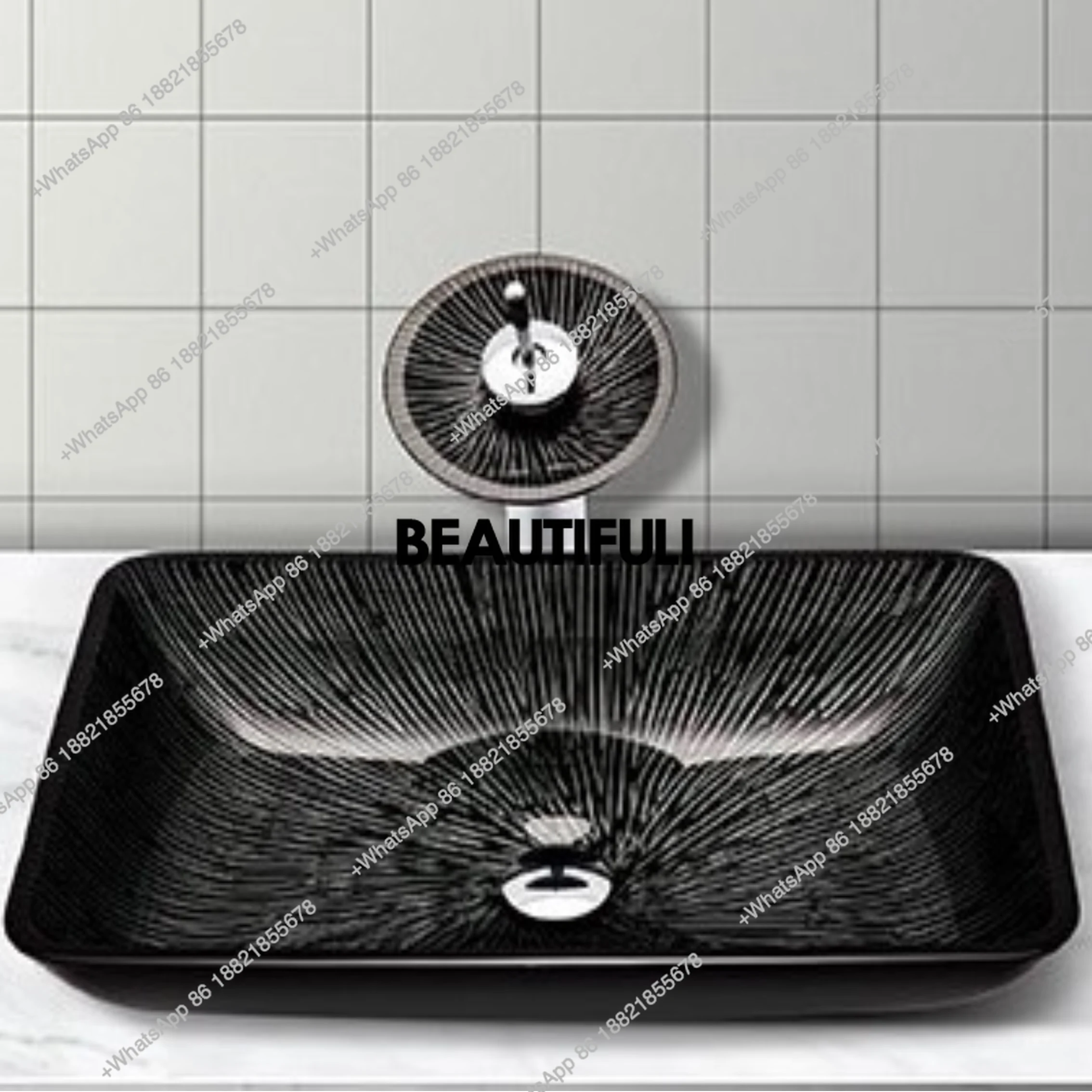 

Tempered Glass Wash Basin Bathroom Art Basin Bathroom Above Counter Basin Copper Faucet L570*W370*H110mm