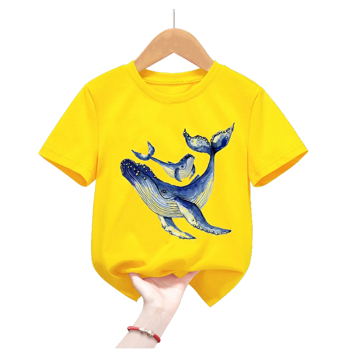 Dolphin With Balloon Print Yellow Tshirt Girls/Boys Harajuku Kawaii Kids Clothes Whale Flowers Summer Tops Fashion T Shirt