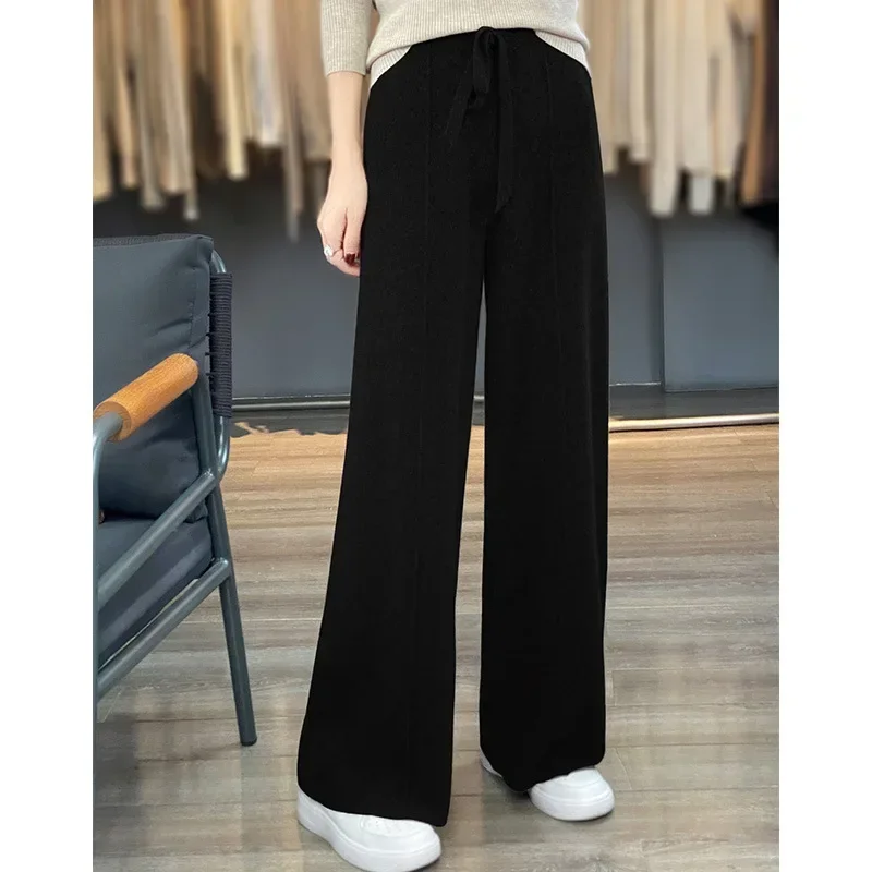 Autumn and Winter Women\'s High Waisted, Warm, Knitted Wide Leg, Straight Leg Pants, Solid Color, Hanging, Loose, Wide Leg Pants