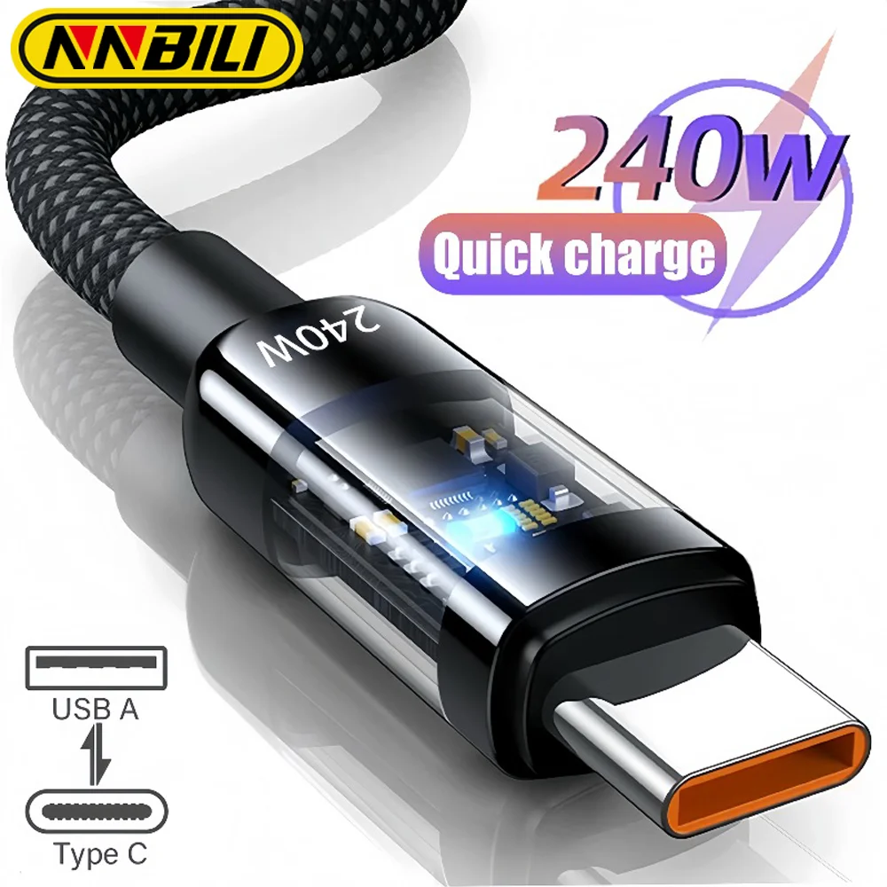 NNBILI 240W Quick Charge Cable USB Type C Data Transfer Line Anti-break Cable Transparent Braided Rope for Huawei Oneplus