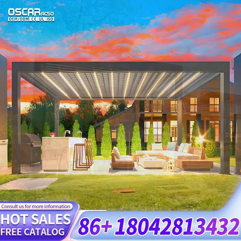 Outdoor Aluminum Retractable Opening Roof Pergola with Zip Screen Motorized LED Lights Customizable for Garden Patio Backyard pe
