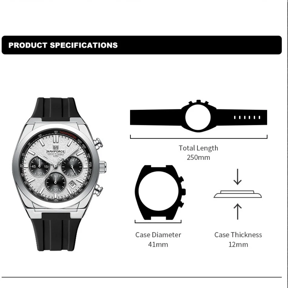 NAVIFORCE 8080 Men's Sports Chronograph Watch 24H Display Multifunction Date Waterproof Luminous Silicone Strap Reloj Hombre