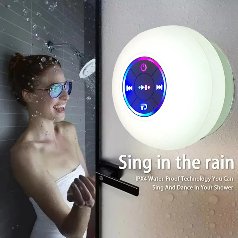 Haut-parleur de douche Bluetooth portable étanche avec ventouse et lumières LED, caisson de basses stéréo Surround 3D