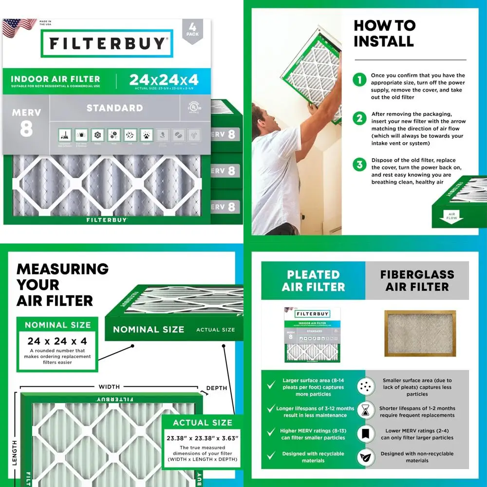 

24x24x4 MERV 8 Pleated Air Filters - Dust Defense Replacement Pack of 4 for HVAC AC Furnace Systems