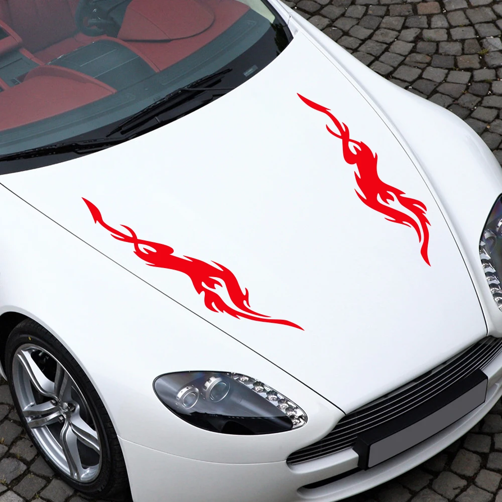 2Pcs Flame Tribal Car Hood Vinyl Stickers, Universal Engine Cover Graphic Decal, Waterproof PVC Bonnet Sport Tuning Exterior