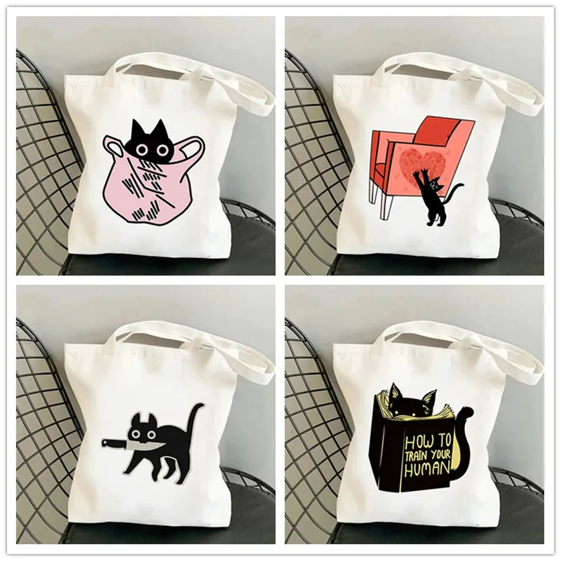 Funny Cartoon Cat Women Shoulder Bags Canvas Tote Bag Large Capacity No Zipper Shopping Shopper Handbag Lightweigh Girl Handbags