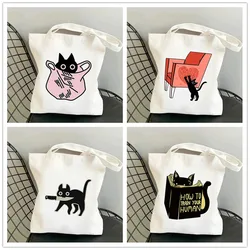 Funny Cartoon Cat Women Shoulder Bags Canvas Tote Bag Large Capacity No Zipper Shopping Shopper Handbag Lightweigh Girl Handbags