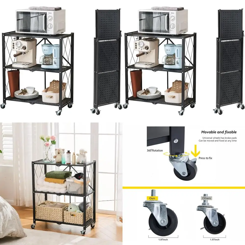 

Портативная трехъярусная металлическая складная полка на колесиках, удобная полка для хранения для кухни и гаража, черная