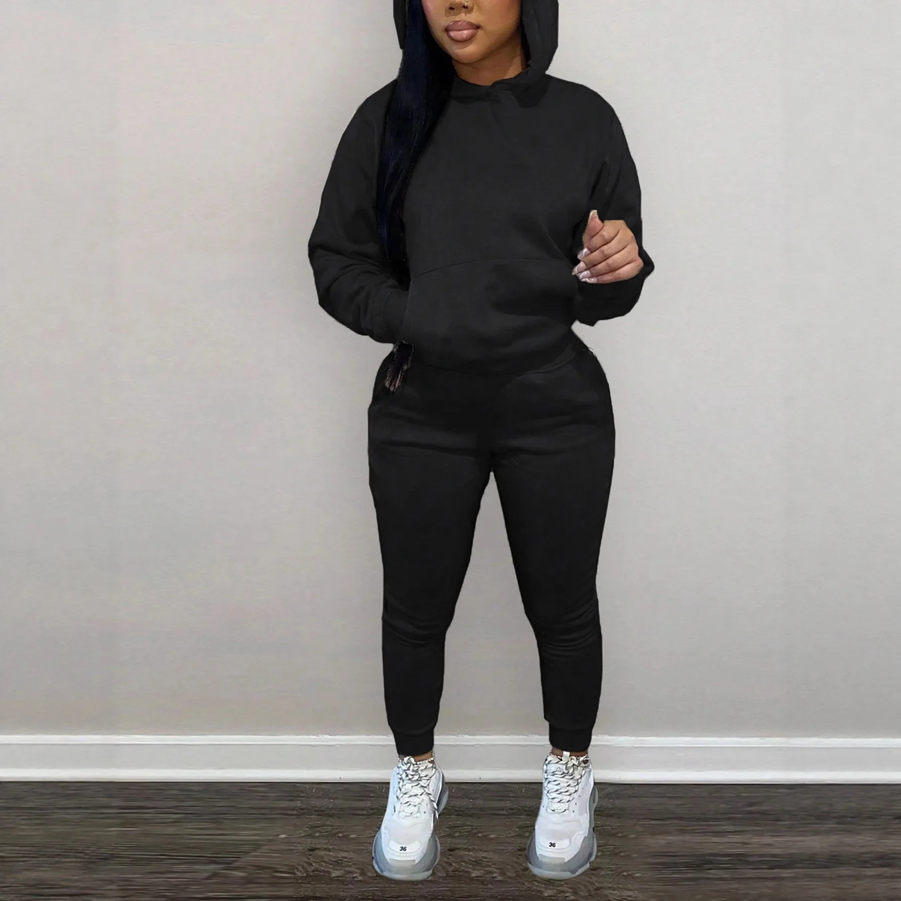 

Two Pieces Women Pant Sets Solid Matching Sets Oversize Hooded Top Elastic Waist Full Length Pants Loose Streetwear 2025 Winter