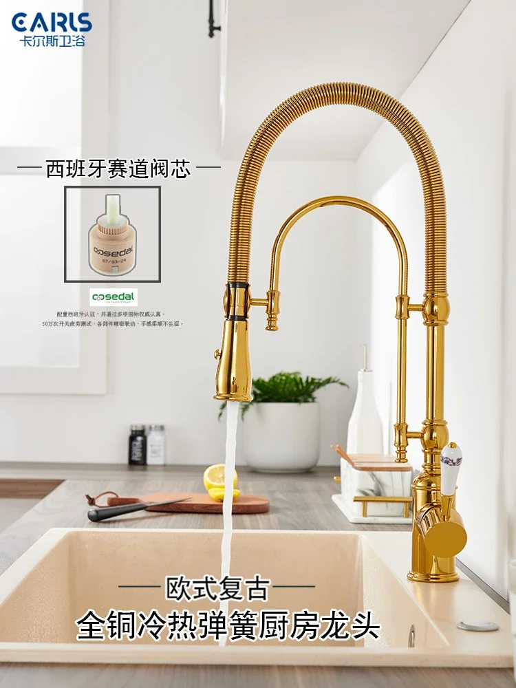 Kitchen faucet European all-copper gold spring pull-out sink vegetable basin Kitchen French hot and cold faucet