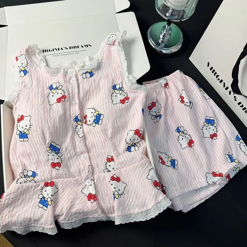 Hello Kitty Women's Summer Cloud Cotton Pajama Set with Built-in Bra Cami Shorts Lace Trim Sweet Cute Loungewear - view 4