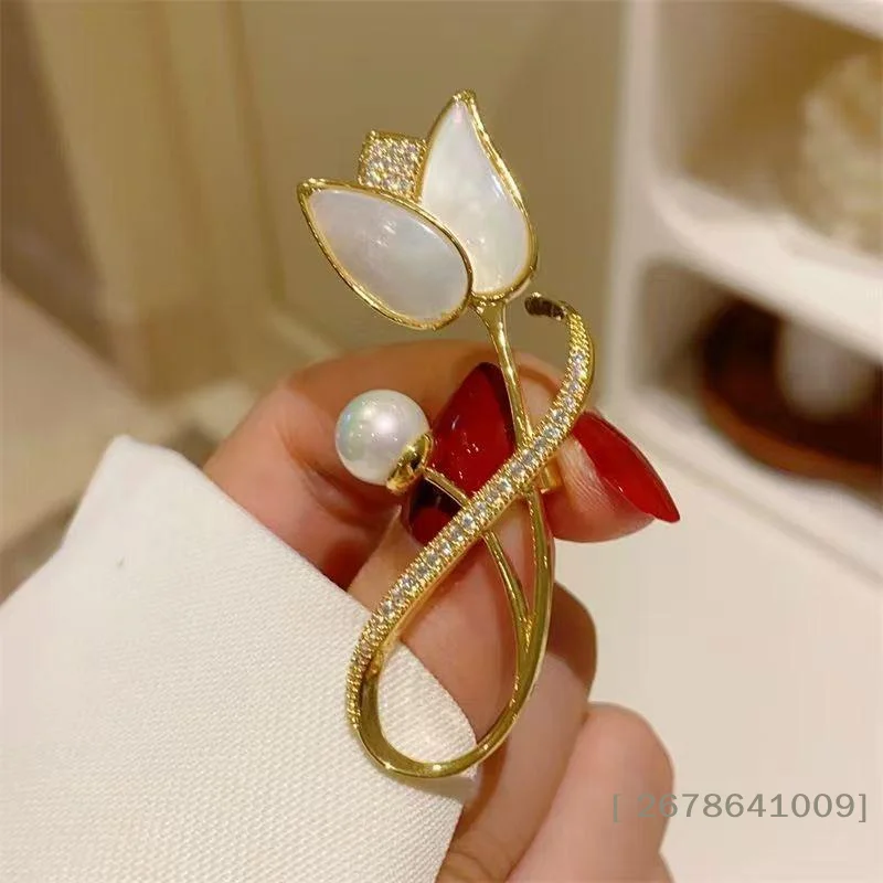 ⚑Gold Tulip Brooch with Mother of Pearl,Crystal and Pearl Accents,Elegant Floral Pin for Women