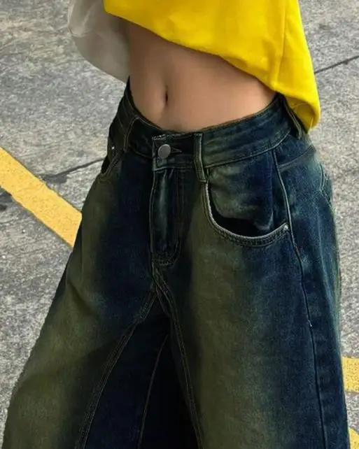 Vaqueros de mujer de nicho degradado Retro para primavera/verano 2025, nueva moda, pantalones de pierna ancha holgados de cintura media para mujer
