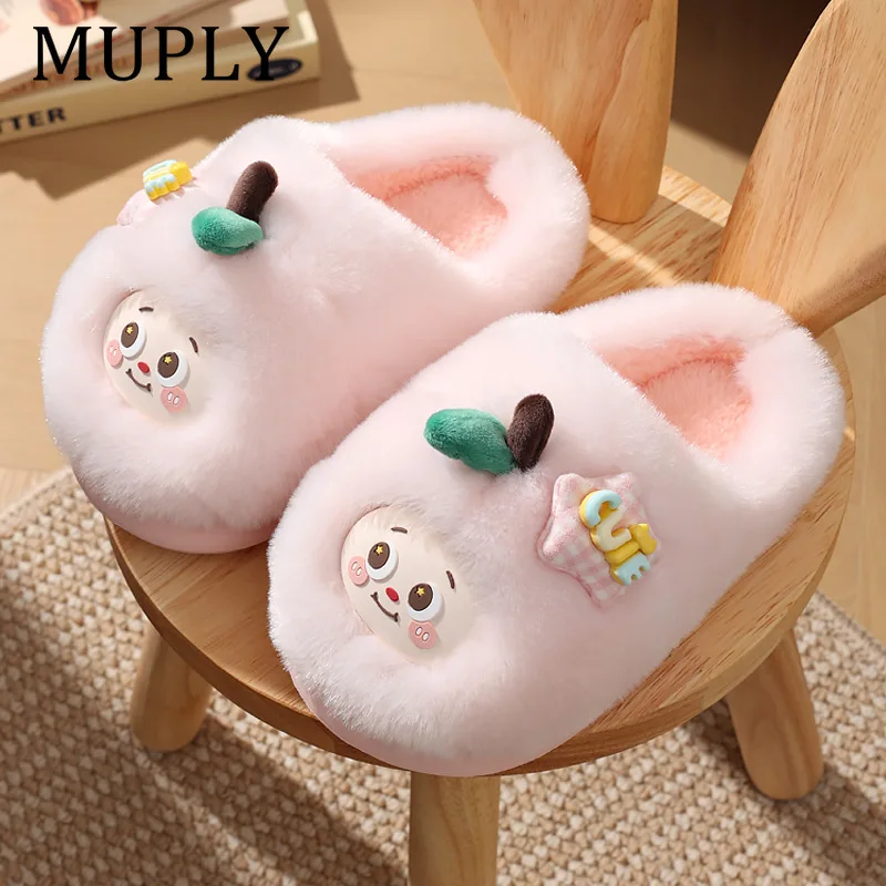Winter Children Warm Fluffy Slide Shoes Girls Non-Slip EVA Sole Indoor Warm Cozy Home Slippers Home Cloud Slipper Lovely Shoe