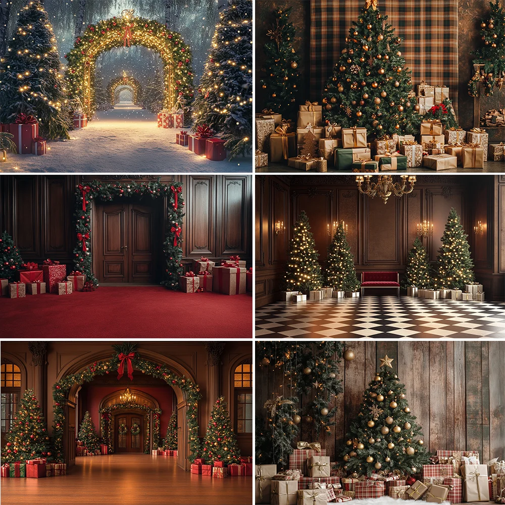 

Christmas Tree Room Background Photography Green Xmas Wreath Wooden Gift Booth Backdrop Kids Family Photo Studio Props