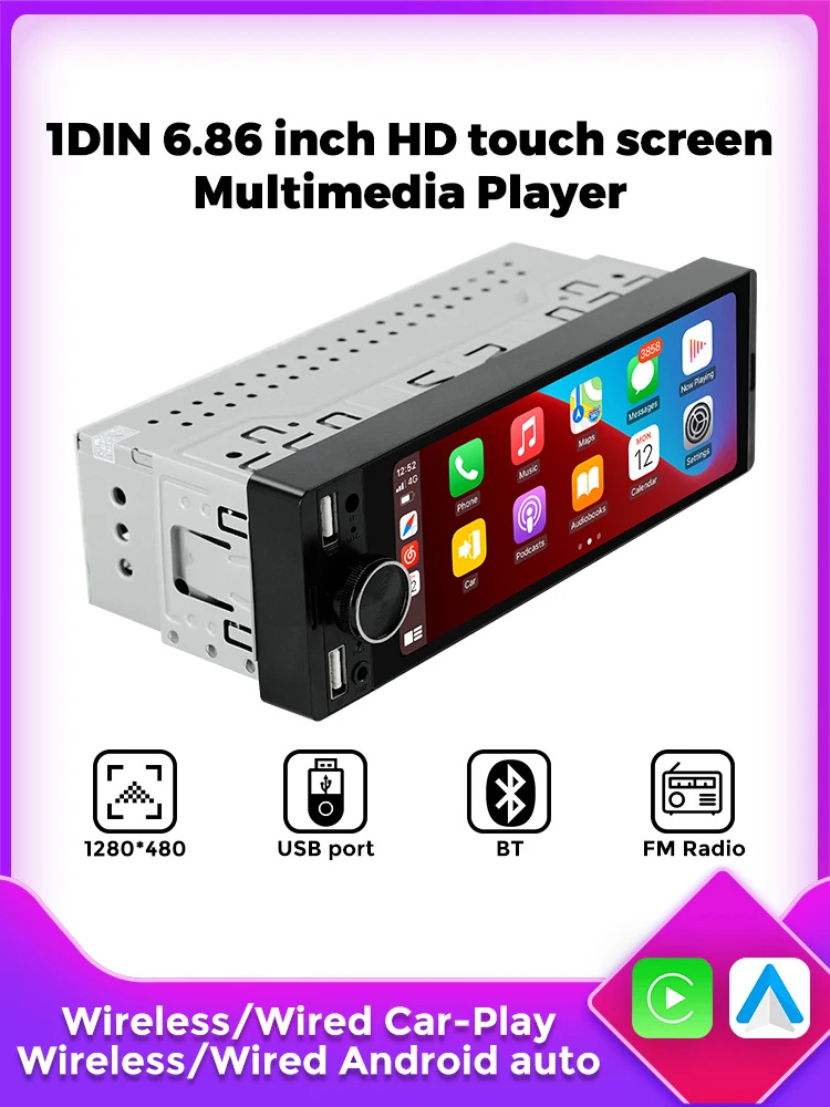MEKEDE 6,86-inch 1din Universele Auto Multimedia Smart Screen Bedraad Draadloos Android Auto CarPlay Stereo FM Auto Radio BT USB TF - afbeelding 2