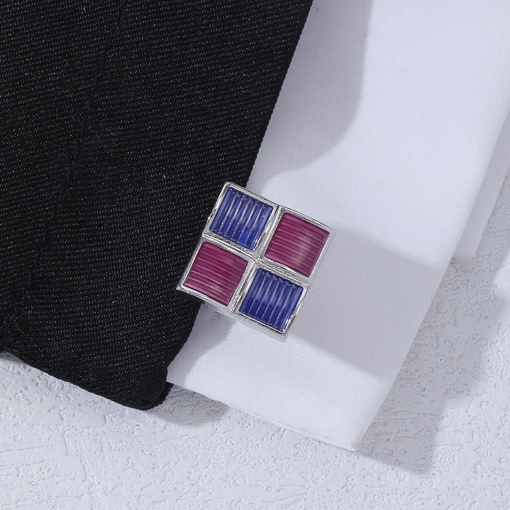 Wholesale Cheapest 2 Pcs Square Mens Cufflinks Blue And Purple Enamel Stripe Cuff Links For Shirt Suit Blouse Sleeve Button