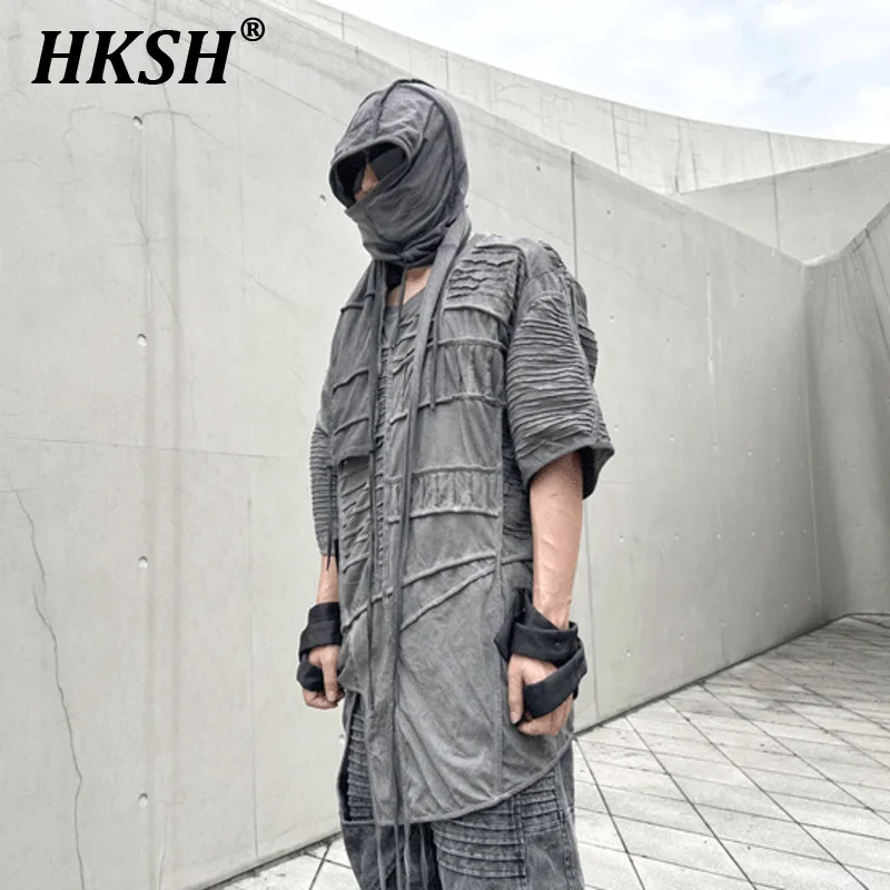 

HKSH Waste Land Pioneer Asymmetric Pleated Tie Dye Vintage Tridimensional Cut Short Sleeve T-shirt Men's Dark Fashion Top HK0315