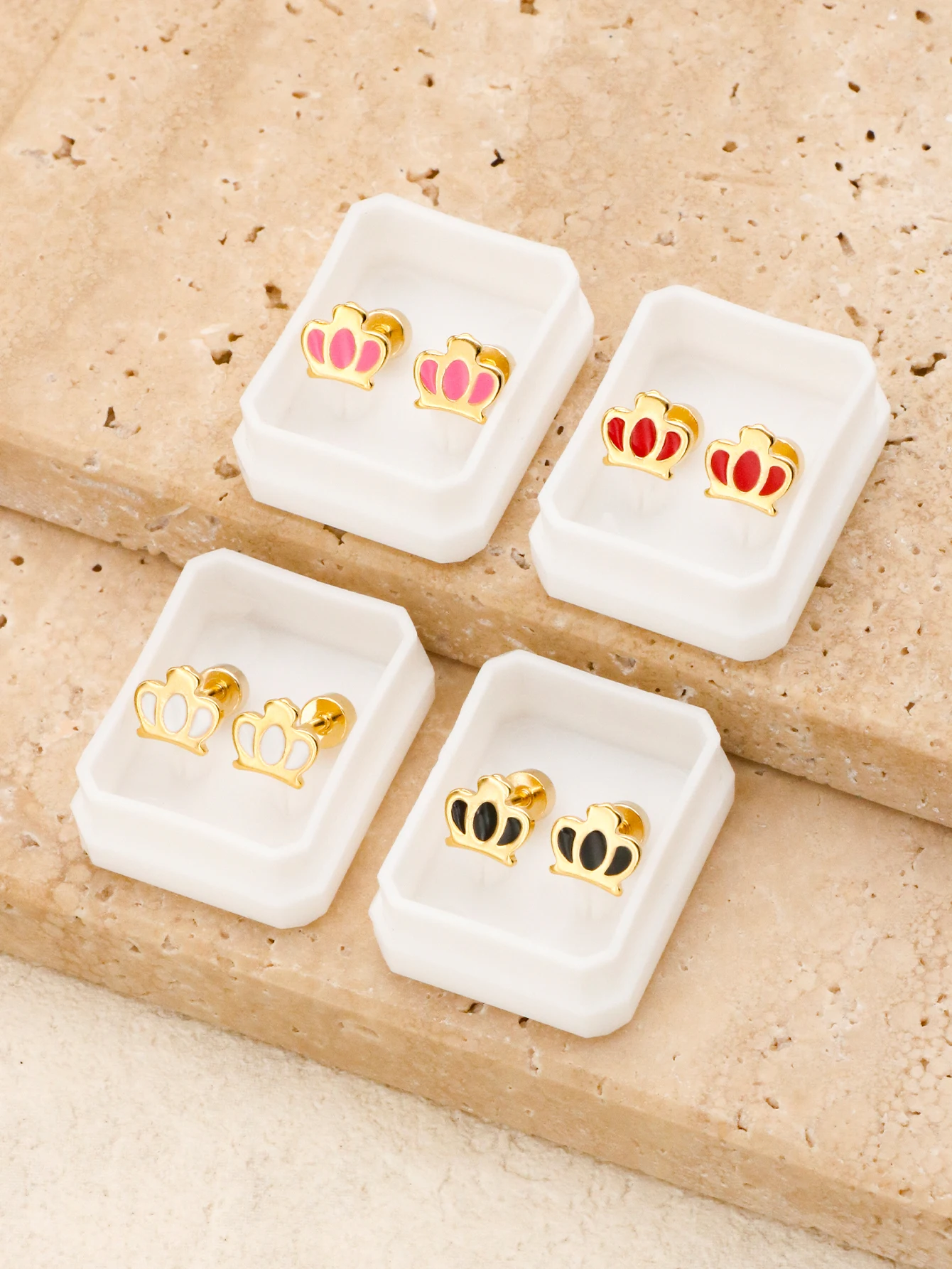 1pair/2pcs European And American Gold Color Drip Oil Stainless Steel Disney Escape Princess Crown Sweet And Cute Earrings