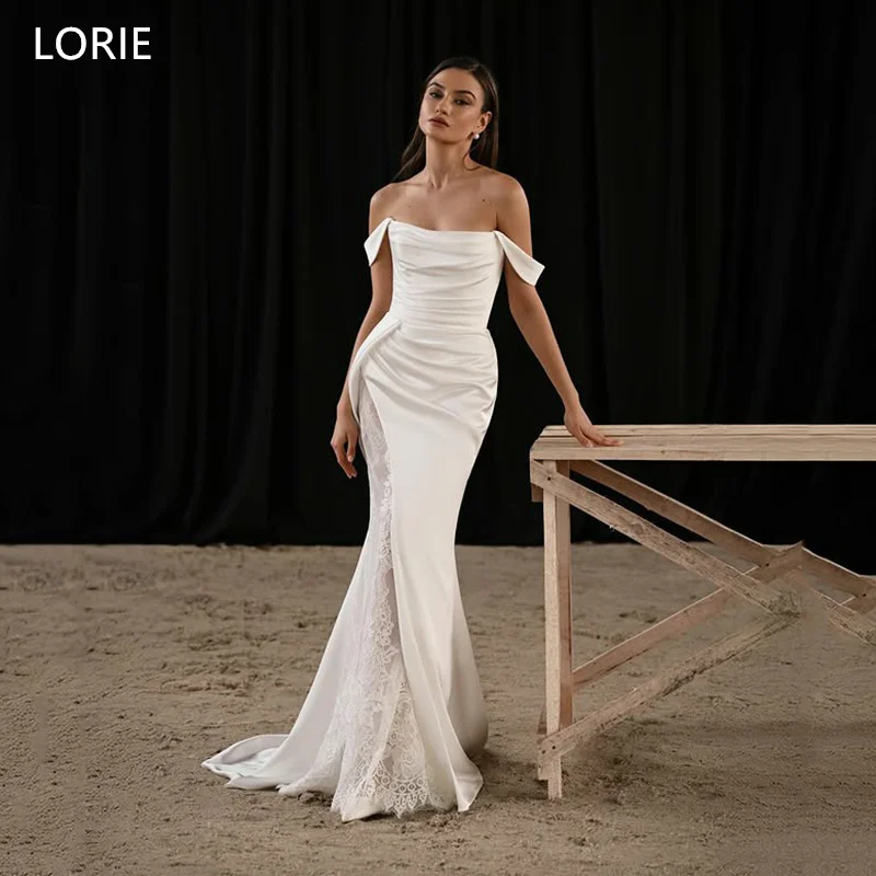 

LORIE Exquisite Satin Wedding Dresses Off The Shoulder Pleats Lace Bride Prom Gown Mermaid Floor-Length Bridal Gowns Customized