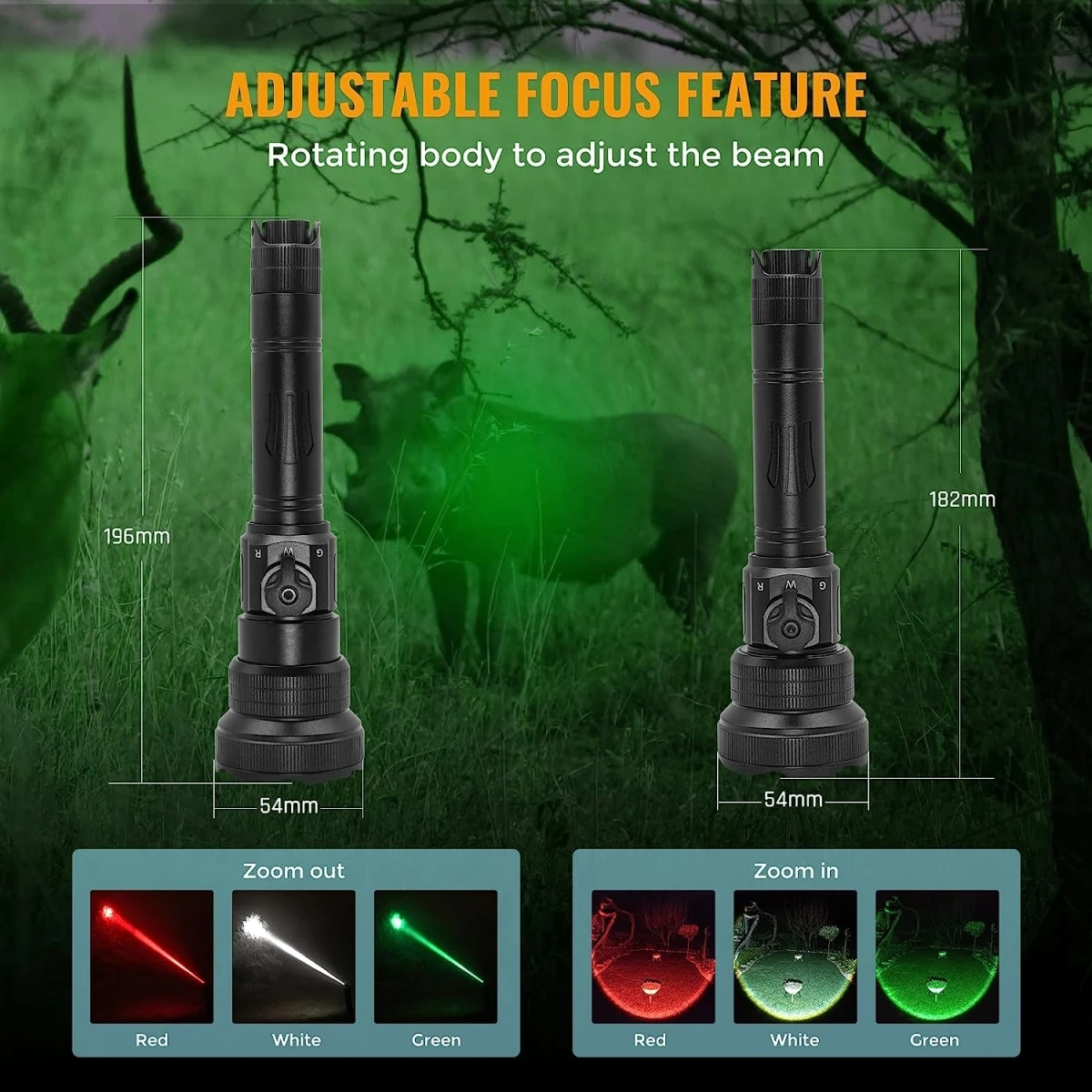 Brinyte T28 Rouge blanc vert lampe torche Zoomable lampes de poche puissantes pour la chasse Lampe Rechargeable lampe tactique LED Lampe de poche led haute puissance étanche pour Coyote Hog Varmint Coon chasse