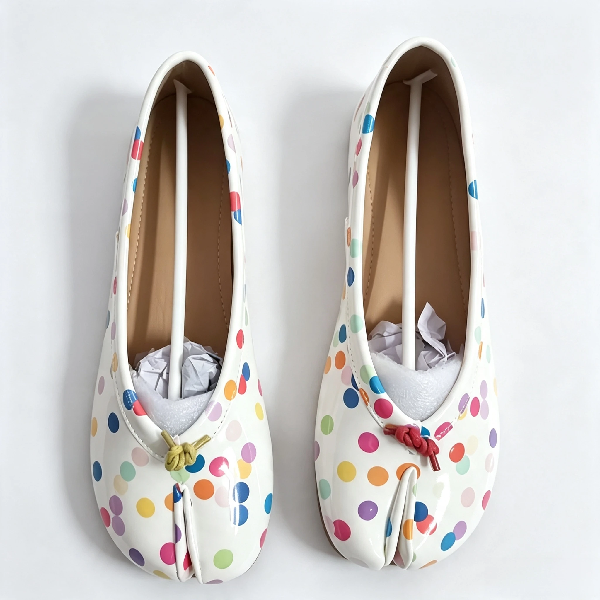 Women Colorful Polka Dot Ballet Flats, Patent Leather Tabi Flat Shoes, Casual SlipOn Loafers, Fashion SplitToe Footwear,35-40