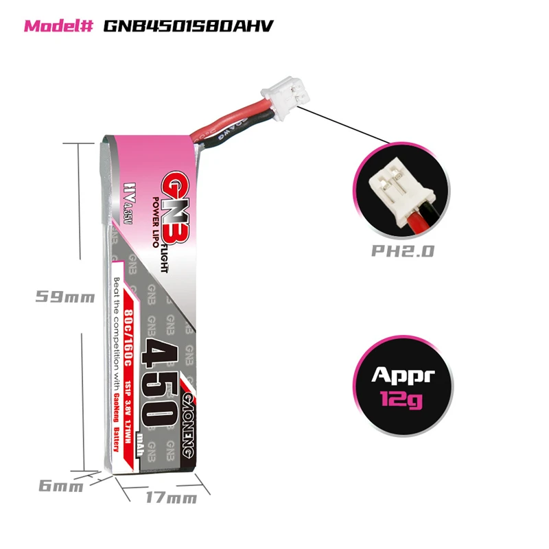 GNB 1S 3.8V HV 4.35V 450mAh LiPo Bateria 80C/160C z wtyczką PH2.0 do RC FPV Drone M80S Tiny7 Beta75S Emax Tinyhawk Snapper7