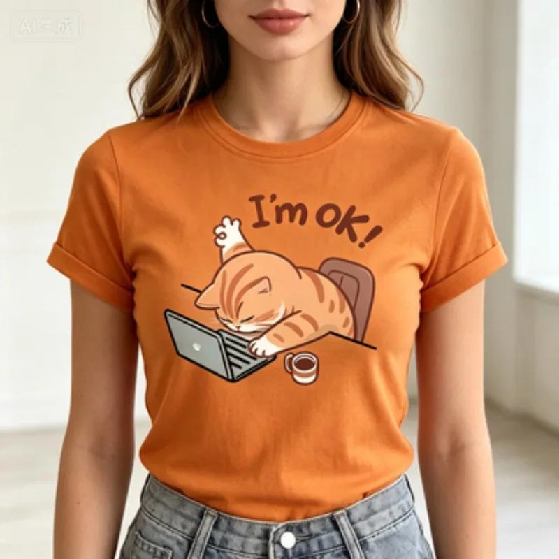 Ladies Soft Cotton Crew Neck Tee Cute Lazy Cat Desk Working Graphic Print Funny Slogan Casual Short Sleeve Trendy Daily Tops