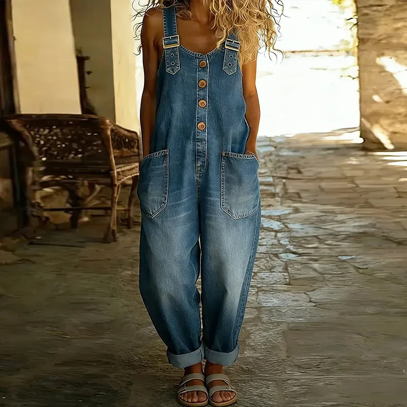 

Sleeveless Hollow Out Wide Leg Denim Jumpsuit Elegant Women Halter Commute Rompers Summer High Waist Playsuits Overalls
