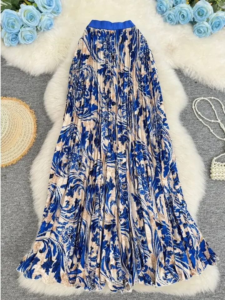 2026 Summer Bohemian Floral Casual Pleated Skirt Women High Waist A-line Elegant Versatile Beach Party Long Skirt