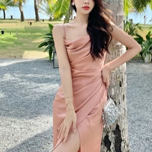 High end acetic acid satin dress for women's 2025 summer temperament French sexy pleated slit suspender long skirt