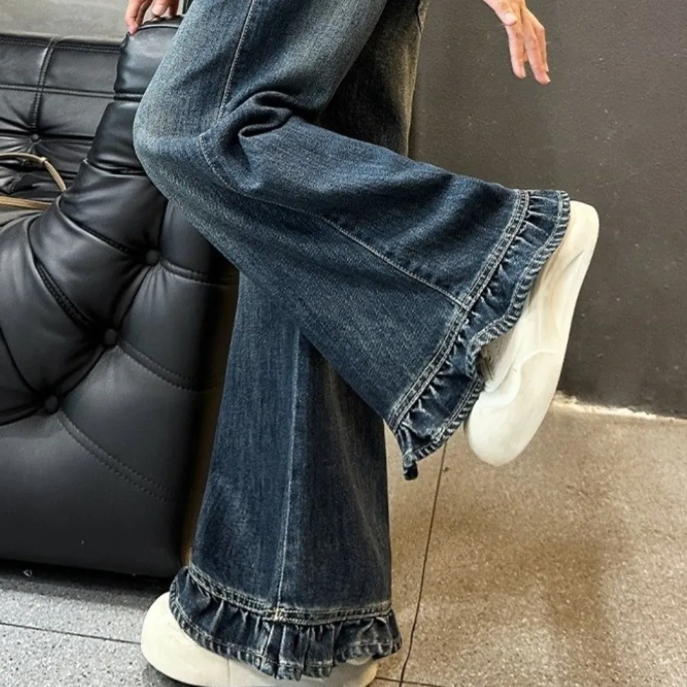 Pantalons à jambes larges pour adolescentes, longs, amples et droits, à volants, Cowboy, taille haute, pantalons en Denim pour filles, printemps automne