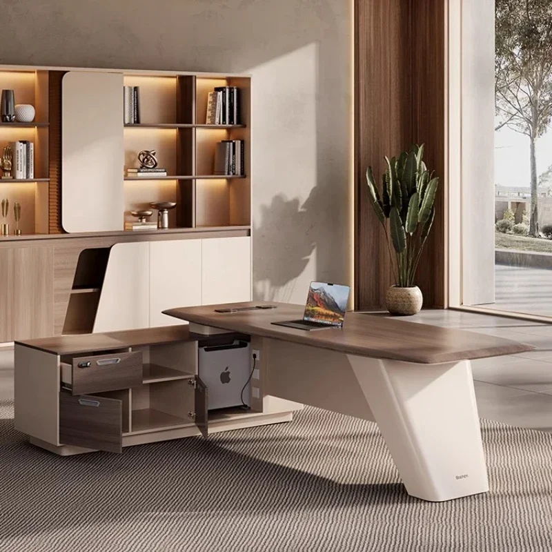 طاولة رئيس بسيطة وحديثة وخفيفة فاخرة ومكتب مكتب قيادة عالي الجودة وكرسي وخزانة ملفات مجموعة تنفيذية على شكل حرف L كبيرة #1