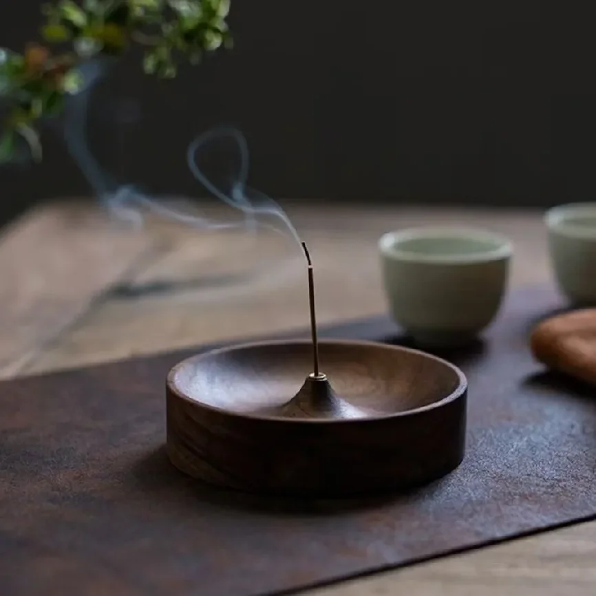 Solid Wood Incense Burner Handmade Tea Ceremony Round Incense Stick Indoor Incense Tray Multi Hole Home Ornament Decor Holder