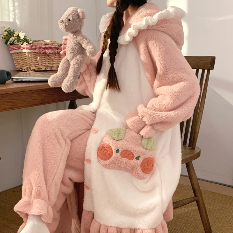 Pajamas Women\'s Autumn and Winter Thickened Warm Simple Cartoon Cute Loose Coral Fleece plus Velvet Bathrobe Hooded Tracksuit1Pc