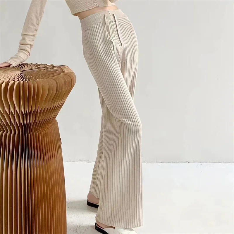 

High Waist Wide-Leg Drawstring Casual Pants Female Straight Loose Soft Waxy Knitted Long Pants Women Autumn Winter Home Trousers