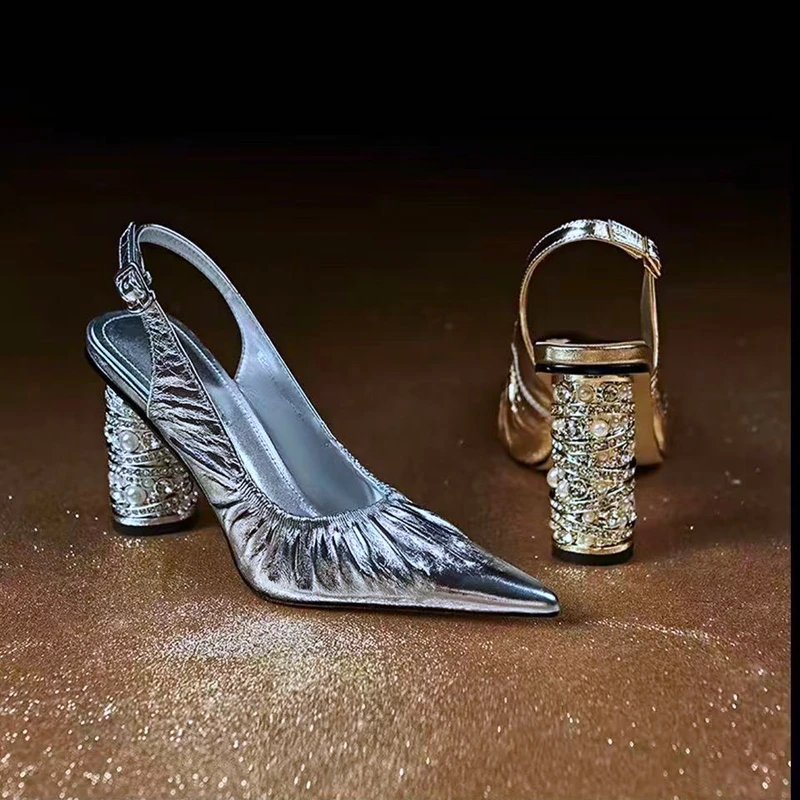 

Women's new summer genuine leather cowhide pearl gold-plated high heels with toe caps, M ü ller shoes, star style sandals