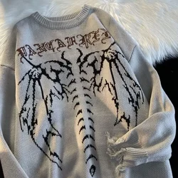 American Style Retro High Street Gothic Long Sleeved Sweater Men and Women Loose Hem and Distressed Design Knit Coat for Couples