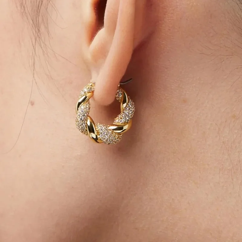 Exquisite Sparking Twisted Shaped Inlaid Synthetic Zircon Hoop Earrings for Women Elegant Classic Banquet Festival Jewelry Gifts