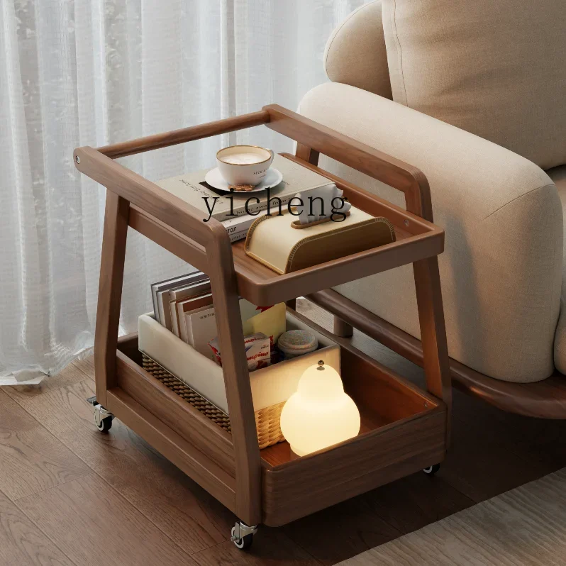 TQH solid wood sofa side table movable coffee table with wheels sofa side bedside table living room snack trolley