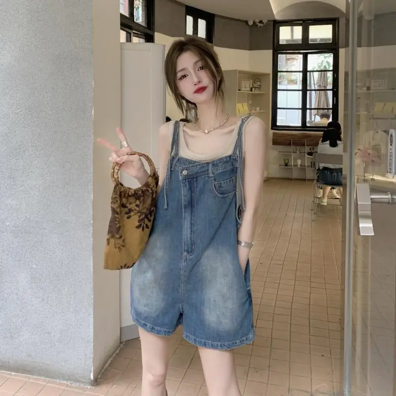 Sweet Denim Overalls Women Summer New Loose Straight Wide-Leg Shorts Niche Irregular Washing Pants
