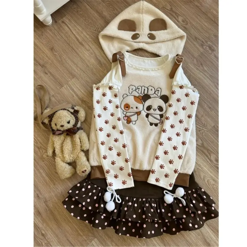 Cute Letter Printed Long Sleeved T-shirt + Panda Hoodie Vest + High Waist Polka Dot A-line Skirt 3 Pcs Sets Womens Y2k Suits