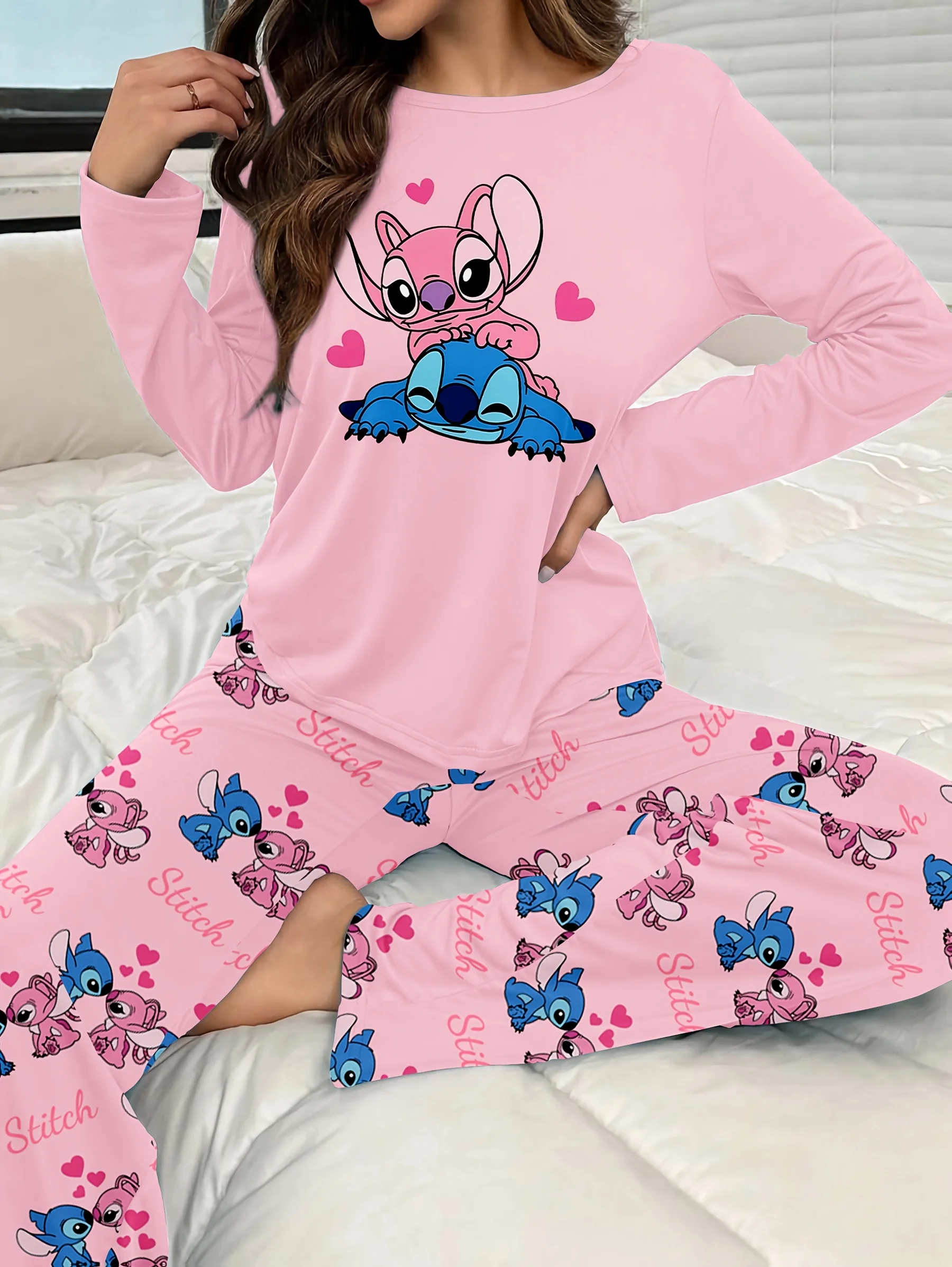 

Women's pajama set with cute Disney Stitch prints, long-sleeved top and pants, comfortable for home or outdoor wear