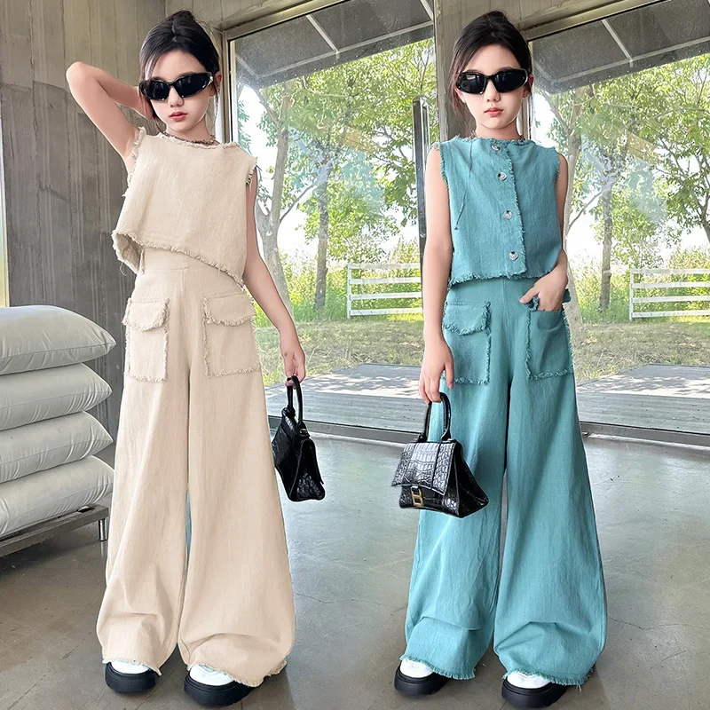 

teen girl jeans fille ensemble Design round neck vest+Wide leg pants 2pc junior kid rough edges Denim clothes suit child outfits