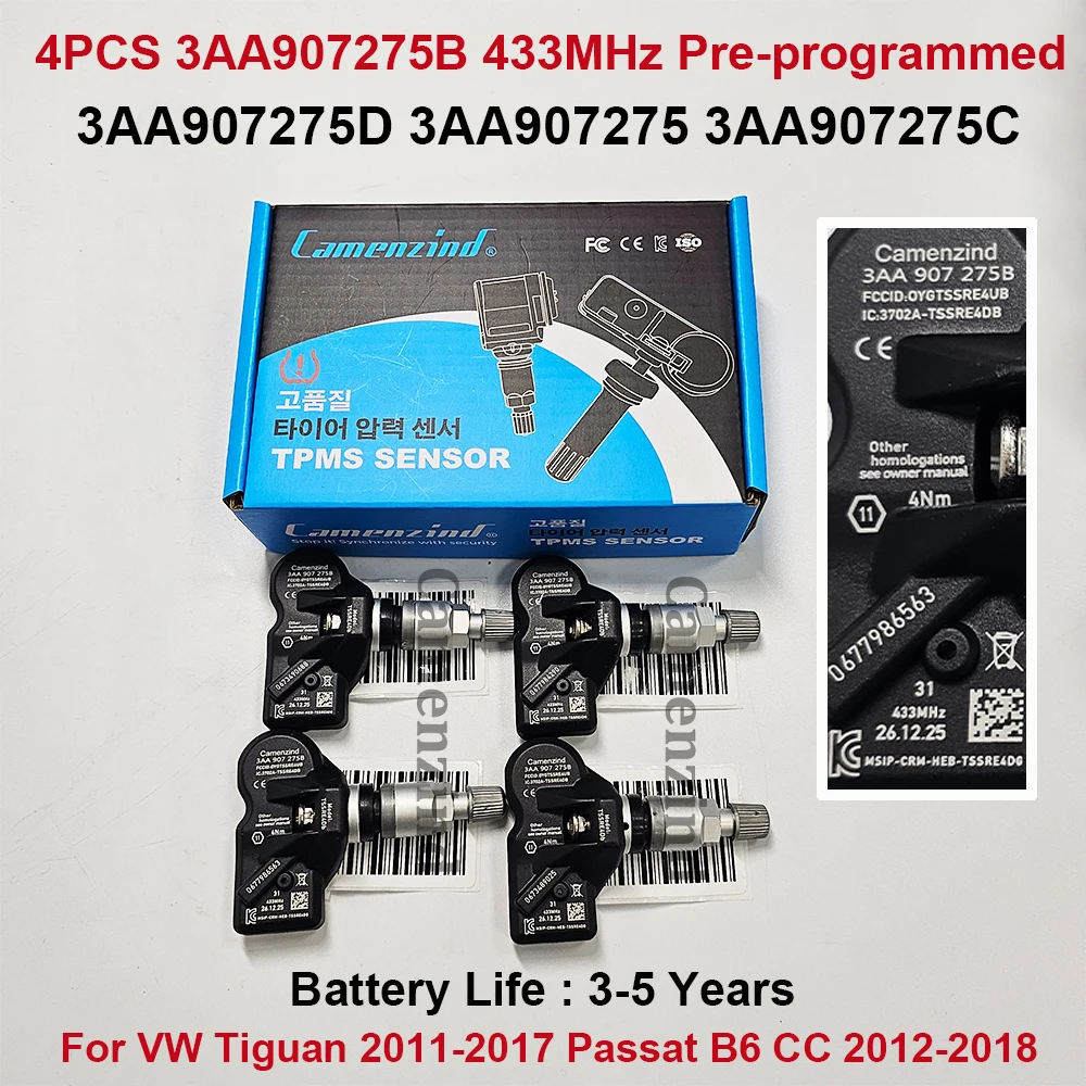 

4 шт. 3AA907275B 433 МГц датчики давления в шинах TPMS 3AA907275F 3AA907275 3AA907275D для VW Tiguan Passat B6 CC 2011-2017