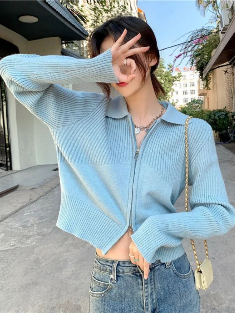 Deeptow Sweet Cute Solid Zipper Pullovers Women Fashion Leisure All-match Retro Simple Vintage Loose Female Zipper Knitwear Top