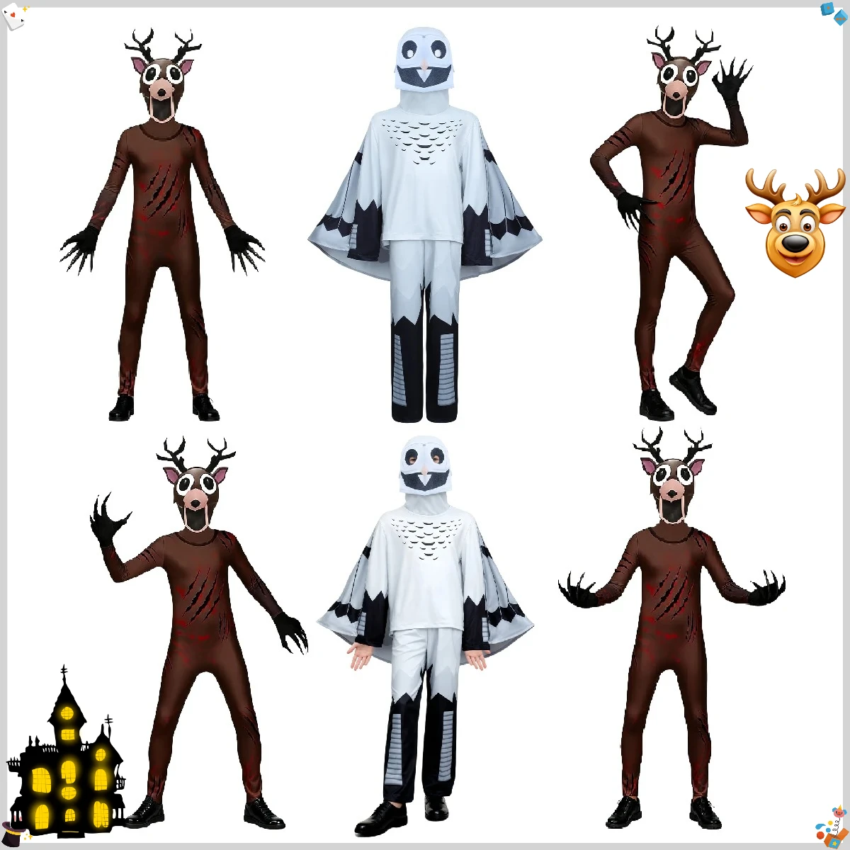 الأطفال الكبار تأثيري 99 ليال الغابات الغزلان البومة الملابس ثلاثية الأبعاد طباعة تأثيري حلي هالوين كرنفال لعبة الرعب فستان البدلة