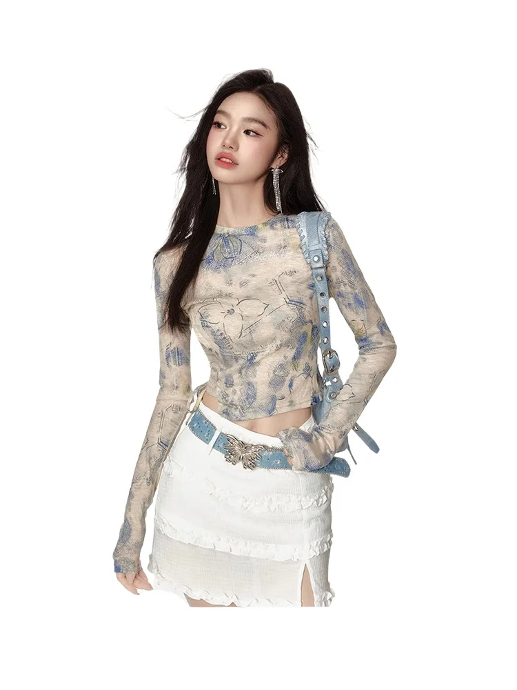 Long-sleeved T-shirt women's new slim-fitting sweet and spicy chic tie-dye printed fashion short top