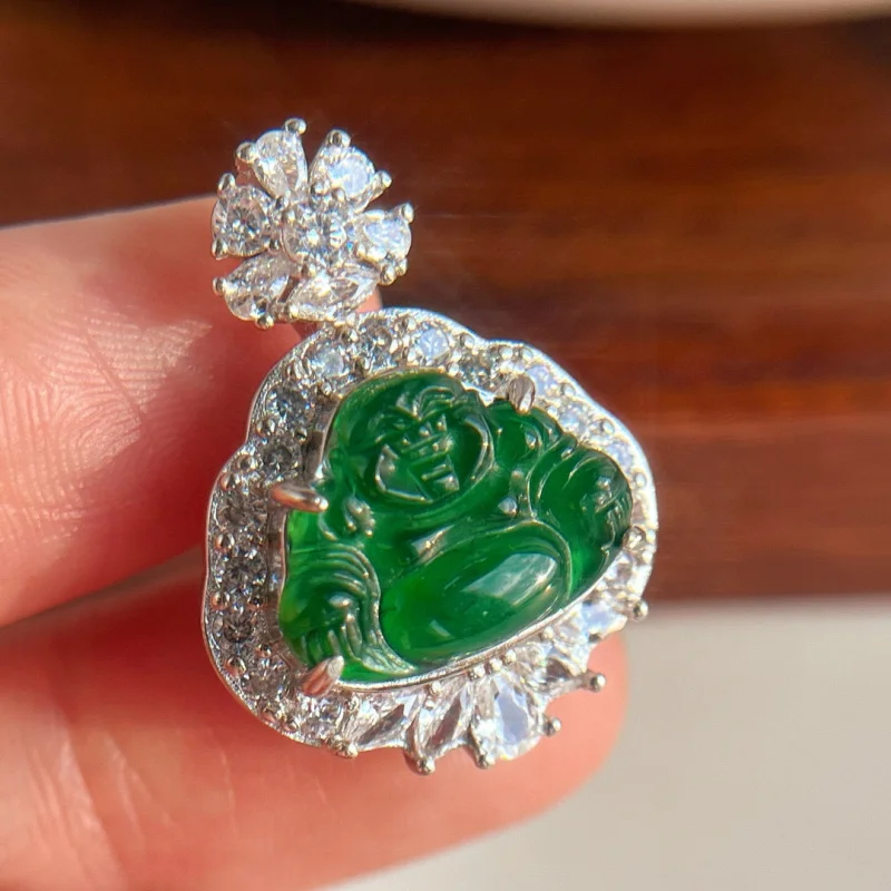 National Style Retro High Reflect Light Natural Emperor Green Jade Buddha Pendant Support Re-Inspection