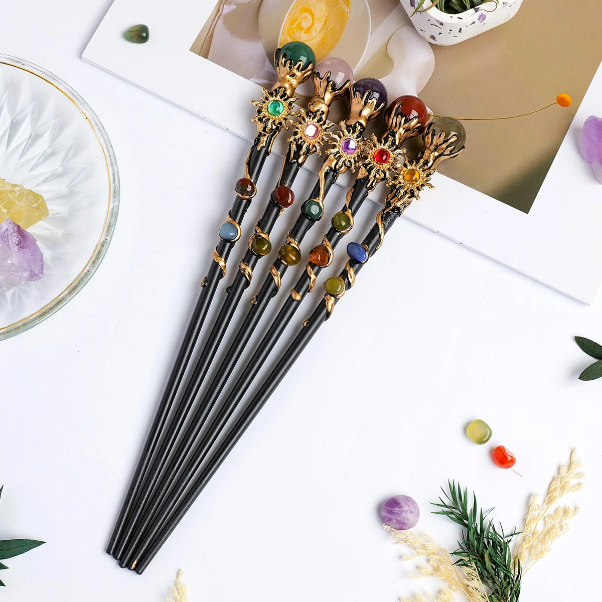 1 Stück Natürlicher Kristall-Zauberstab Kristallkugel Sonnenblumen-Feenstab DIY Handgefertigter Zauberstab Requisit Urlaubsgeschenk – Detail 4